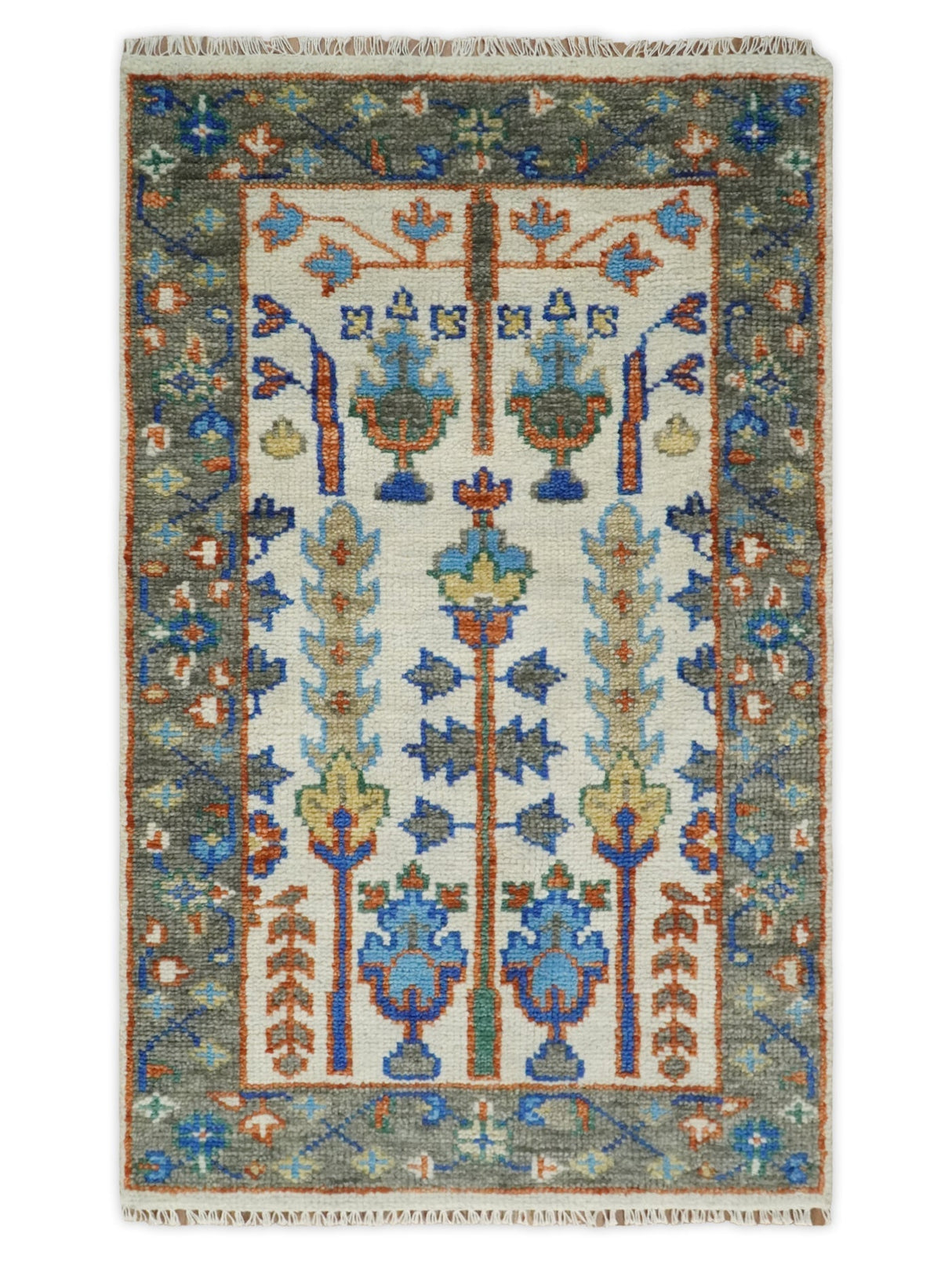 Custom Made Ivory And Gray Tree of life Hand Knotted Runner Rug