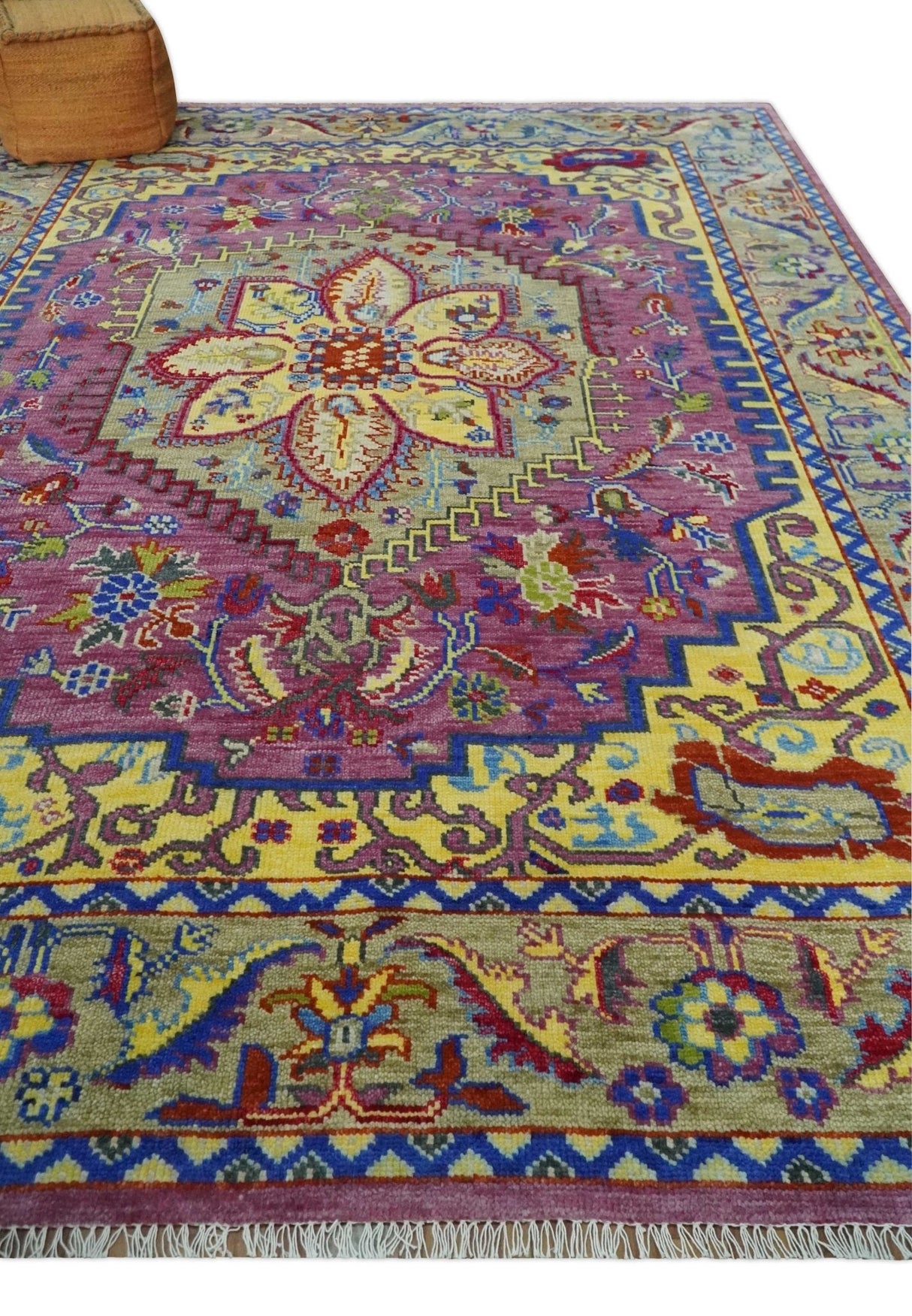 Custom Made Light Green and Purple Medallion Traditional Hand Knotted Wool Area Rug