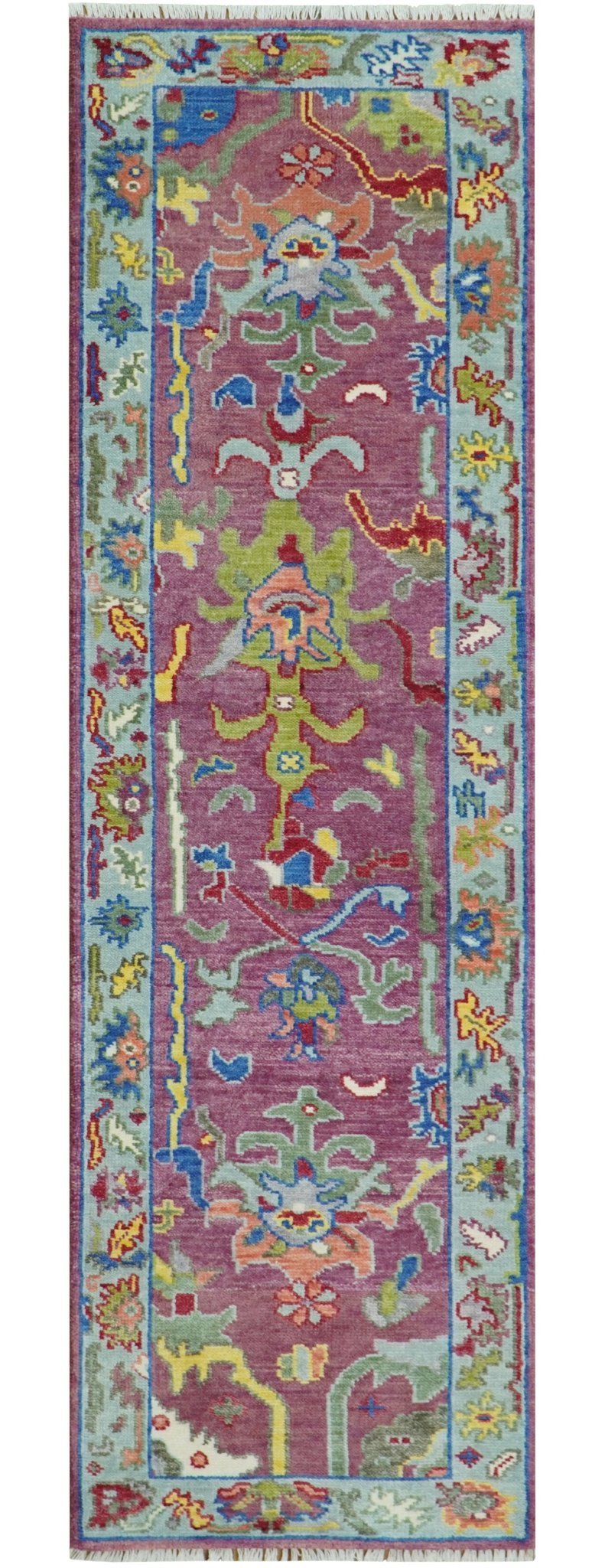 Custom Made Oushak Pink And Blue Runner Hand Knotted Wool Rug