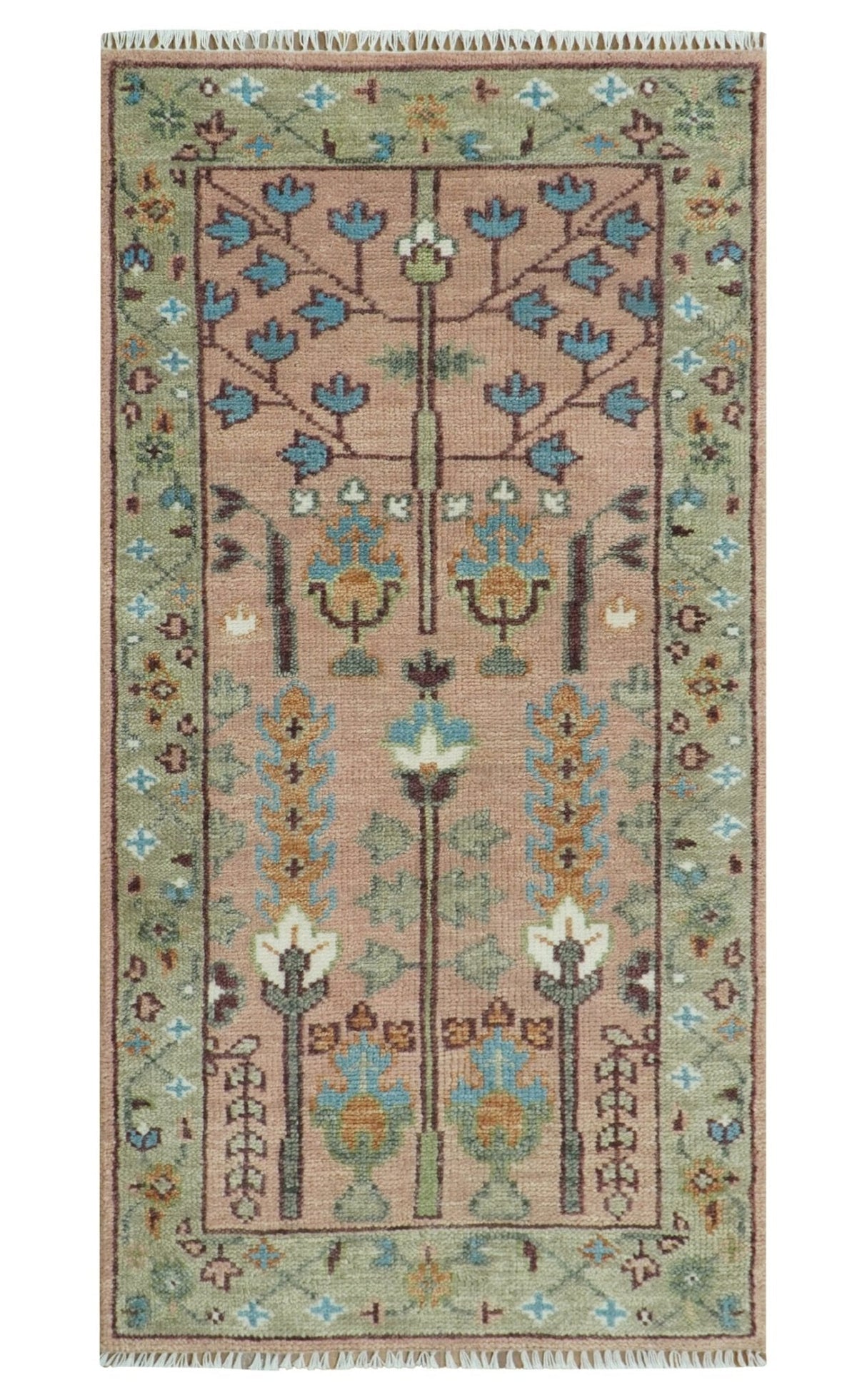 Custom Made Runner Rug Pink And Olive Tree of life Hand Knotted