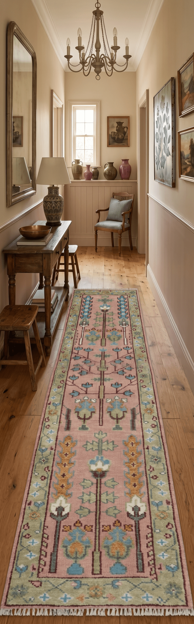 Custom Made Runner Rug Pink And Olive Tree of life Hand Knotted