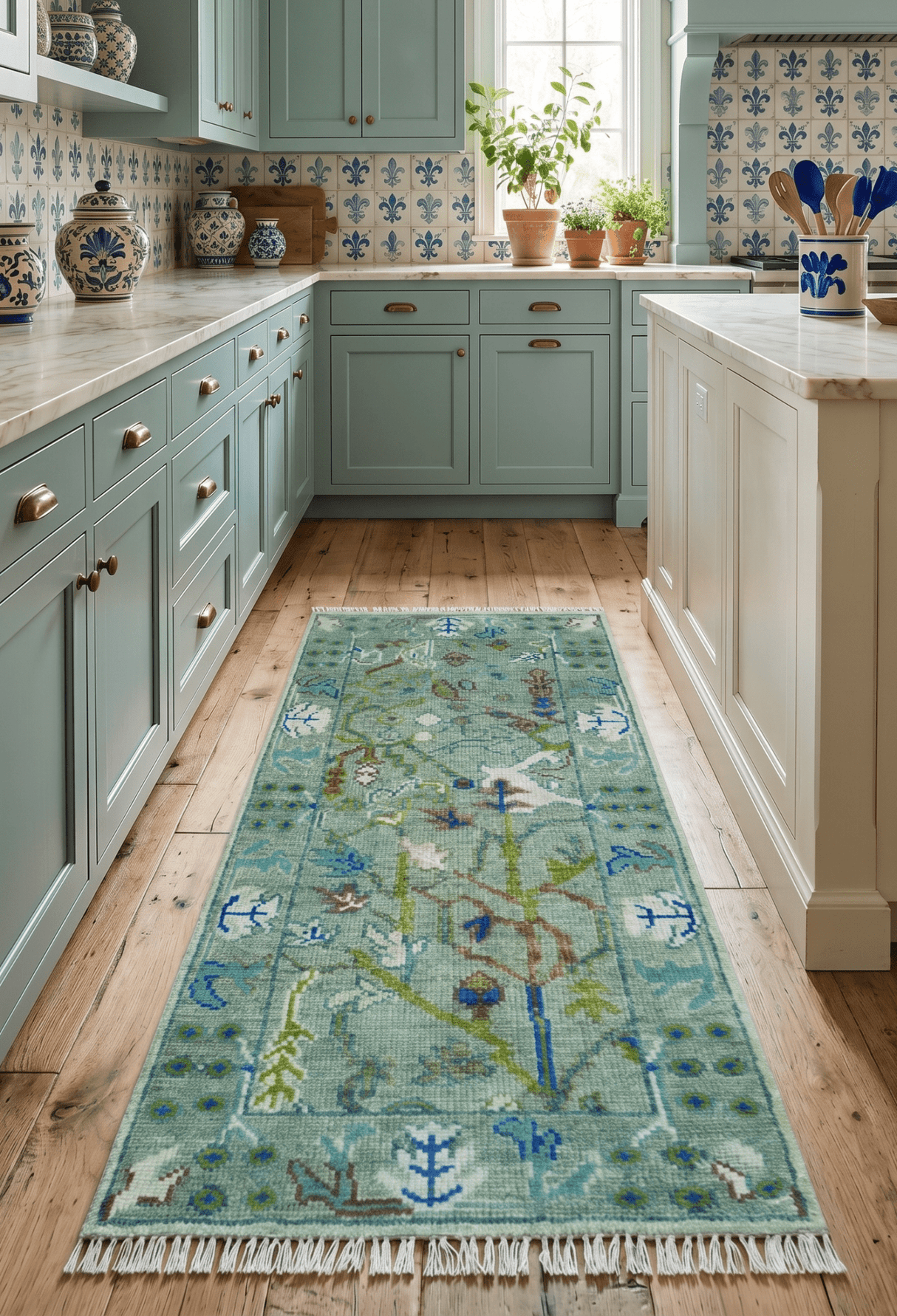 Custom Made Runner The Plants and Roots Green Hand Knotted Wool Rug
