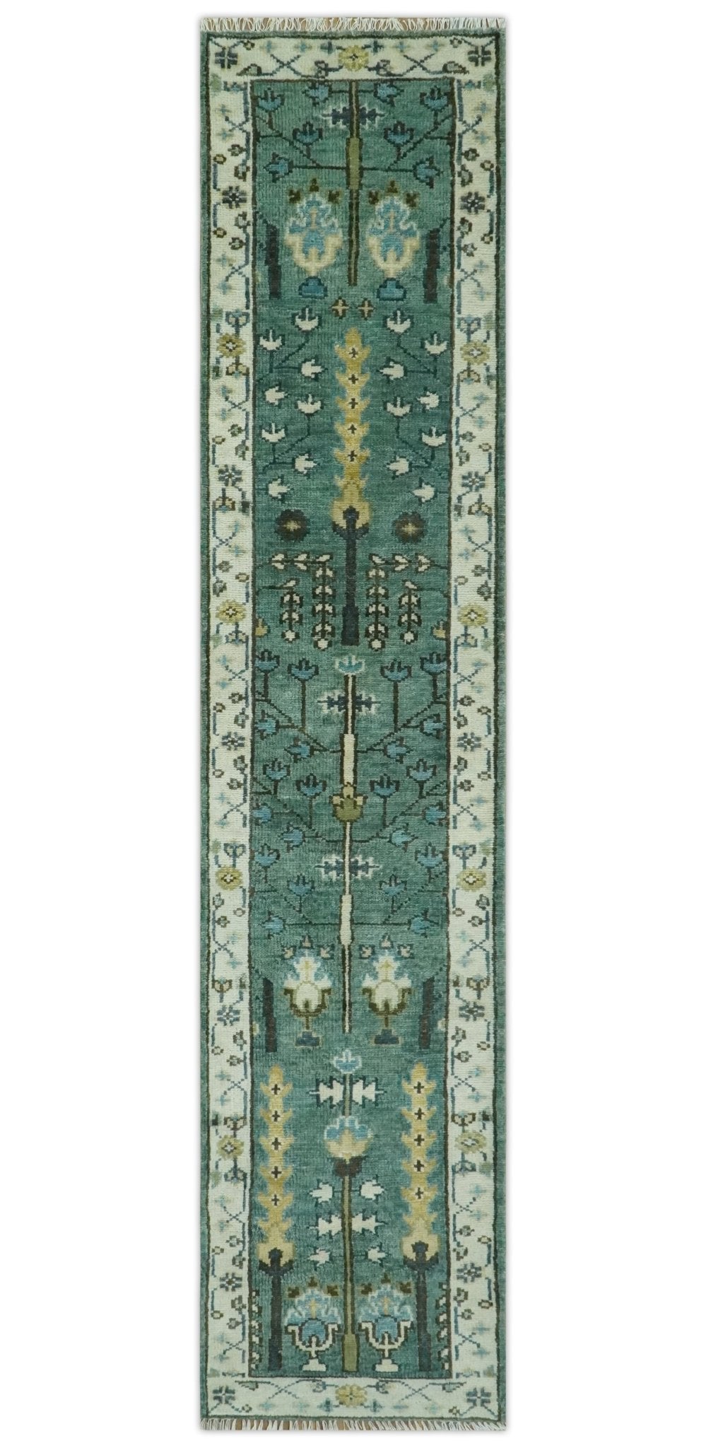 Custom Made Teal And Ivory Tree of life Hand Knotted Runner Rug