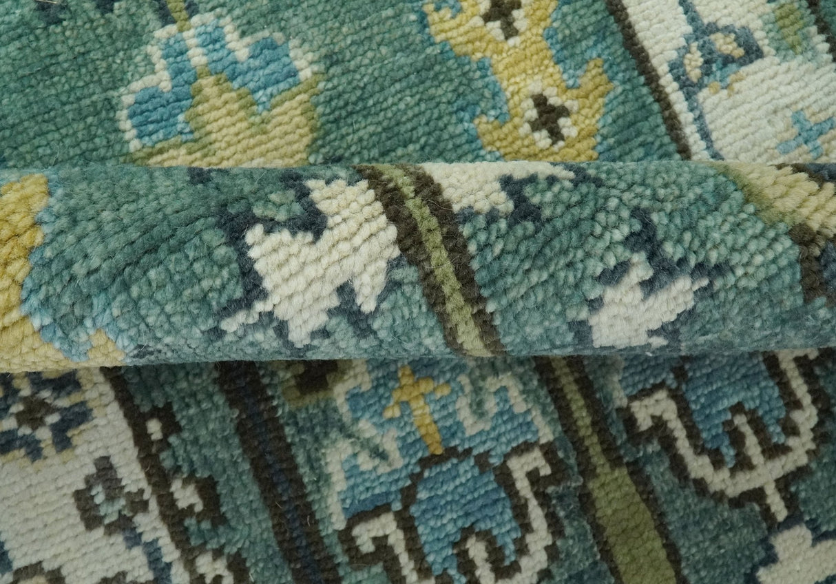 Custom Made Teal And Ivory Tree of life Hand Knotted Runner Rug