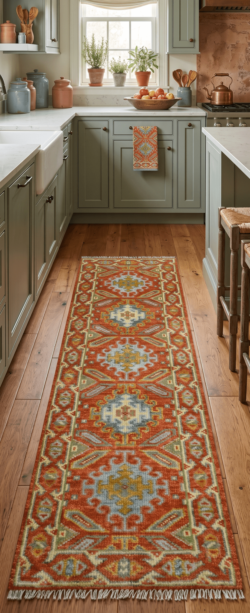 Custom Made Traditional Rust And Green Hand Knotted Runner Wool Rug