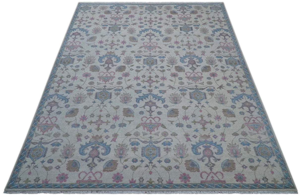 Custom Made Traditional Style Ivory And Blue Hand Knotted Wool Area Rug