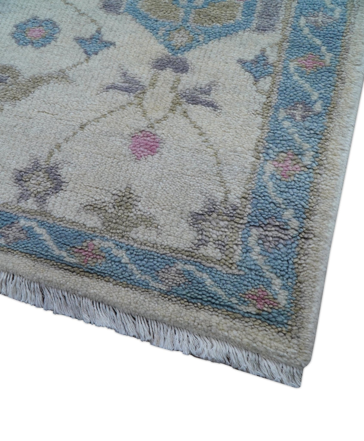 Custom Made Traditional Style Ivory And Blue Hand Knotted Wool Area Rug