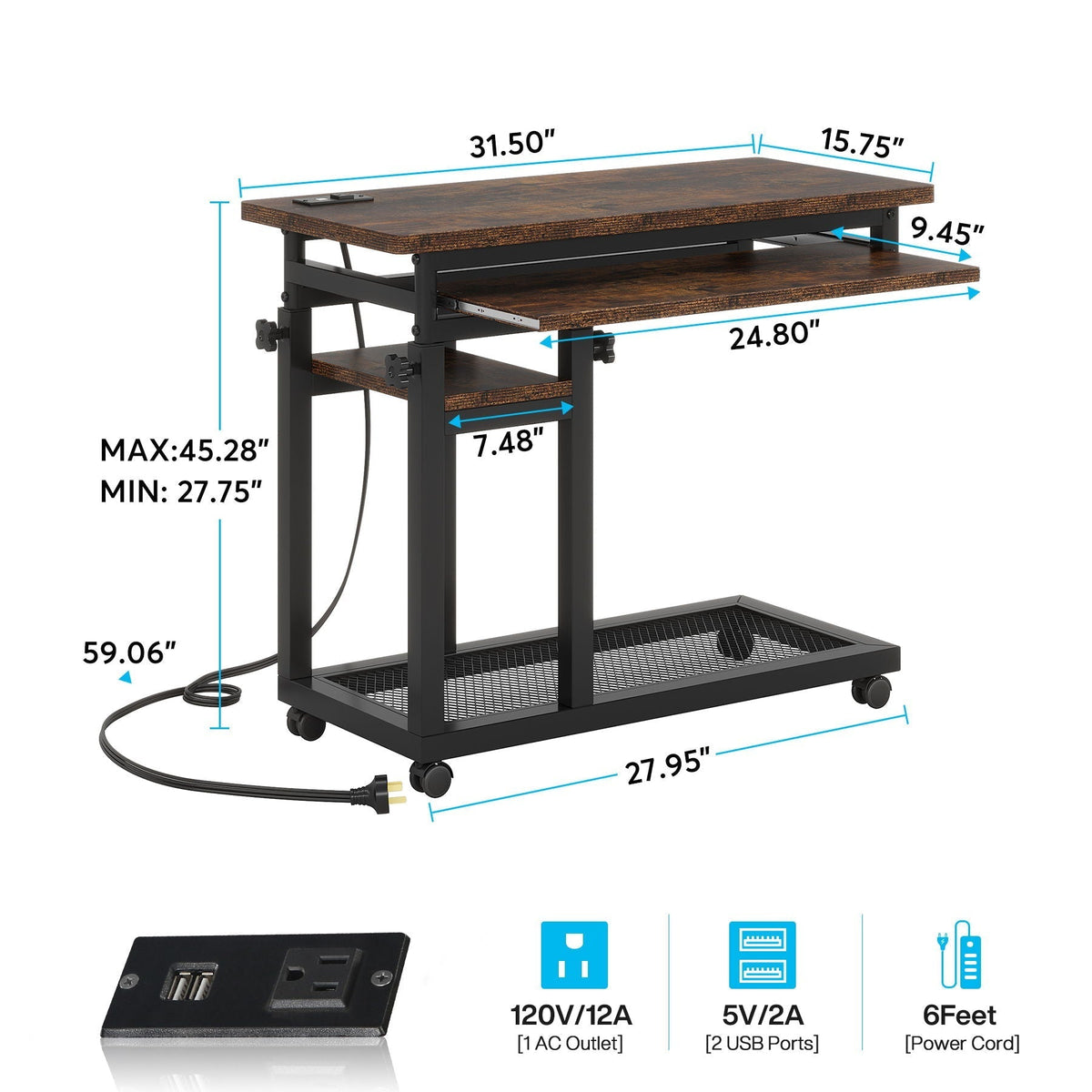 Adjustable Portable C-Shaped Desk With Power Outlet & USB Ports