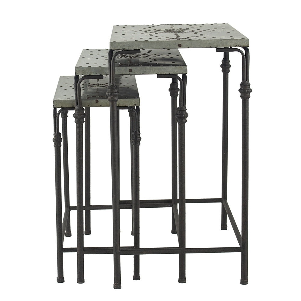 Set of 3 Metal Nesting Tables with Galvanized Tops - Antique Gray