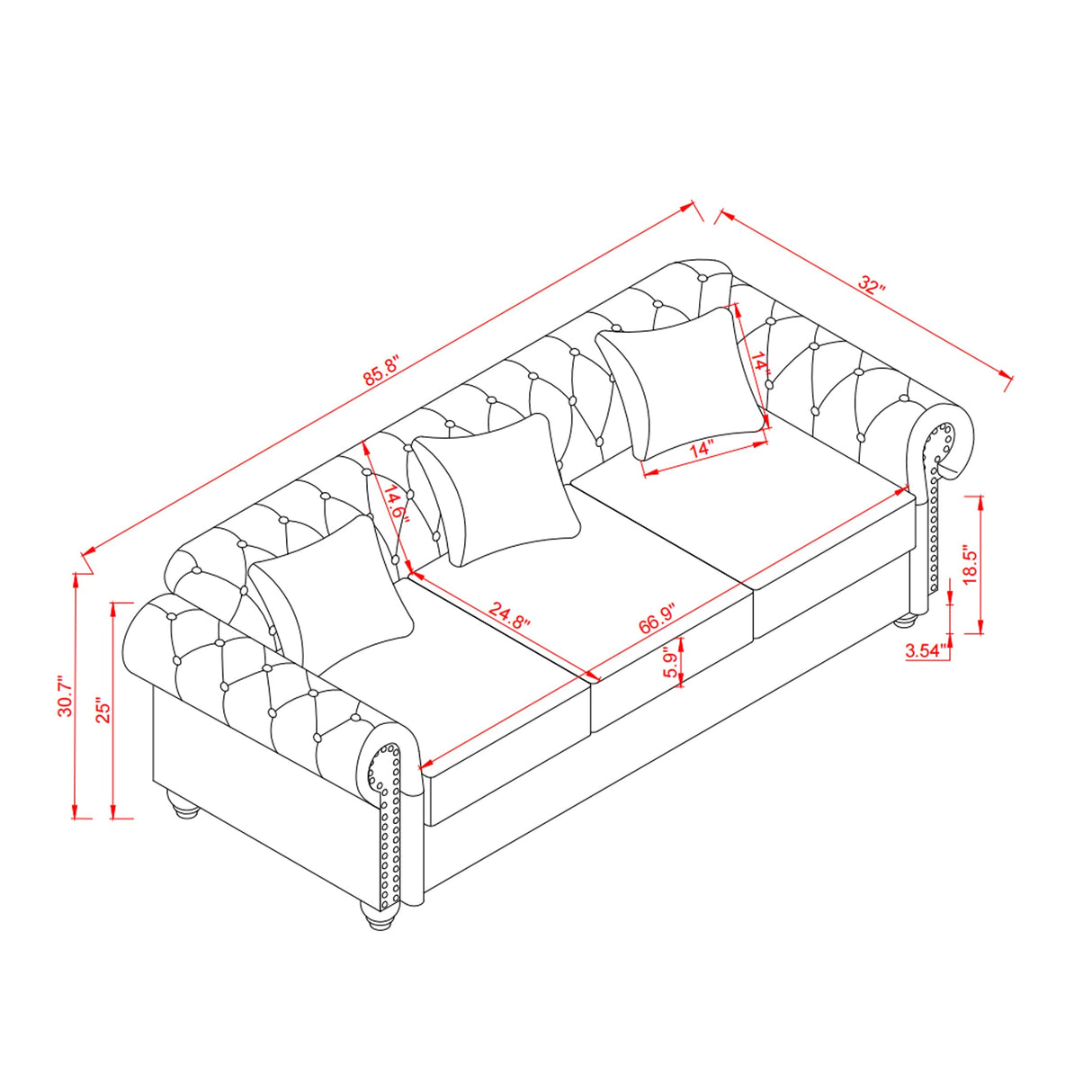 85.8' Living Room Chesterfield Sofa Classic Tufted Design Faux Leather PU Upholstered Sofa with Storage (Black)