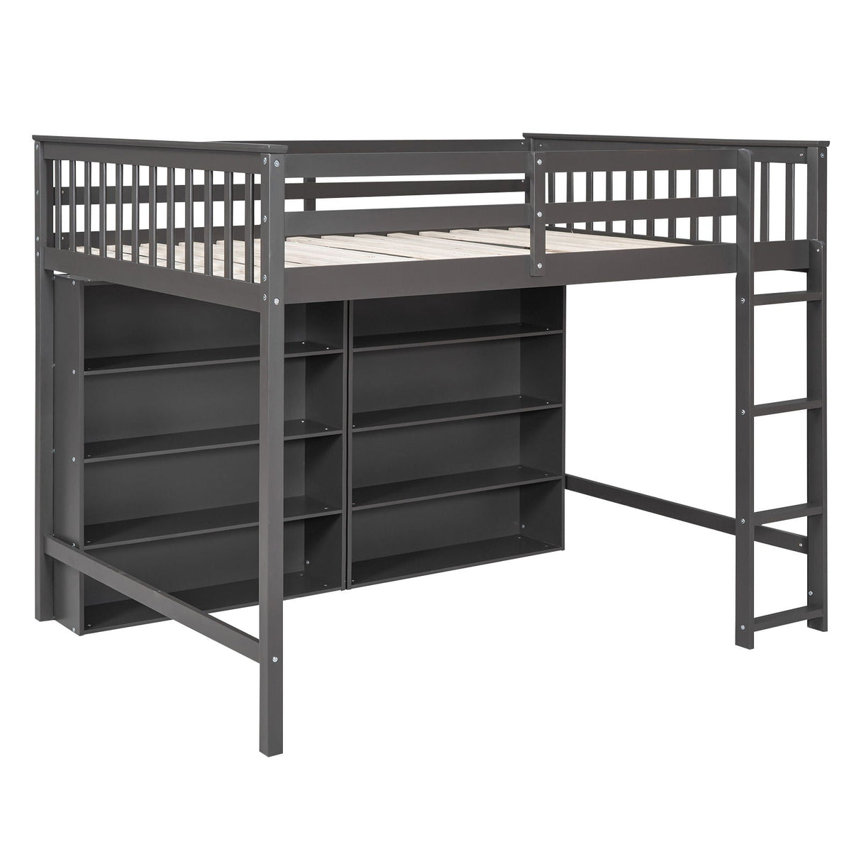 Loft Bed With 8 Open Storage Shelves And Built In Ladder