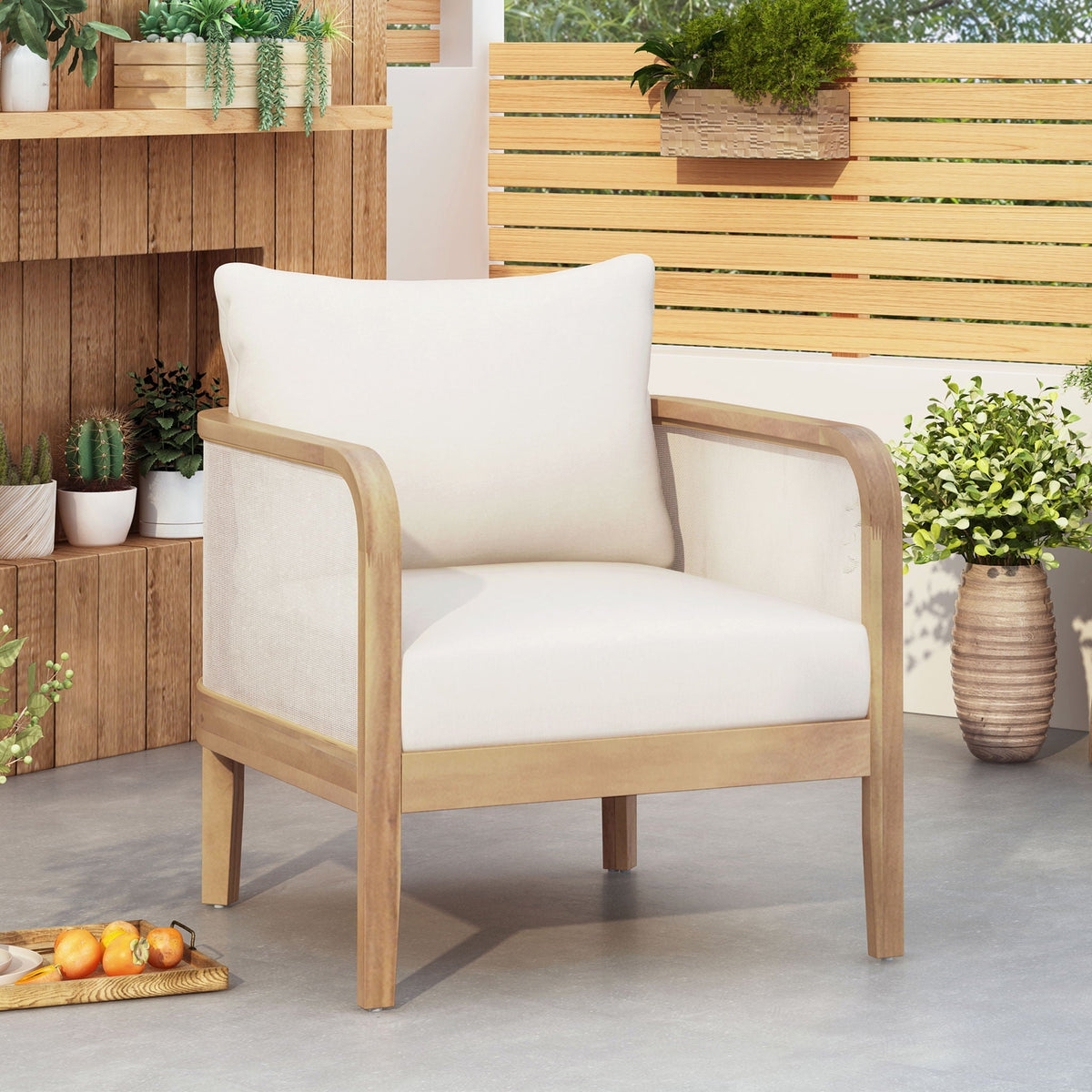 Outdoor Acacia Wood Patio Club Chair, Textilene Patio Furniture, Waterproof Thick Cushion Deep Seating For Porch, Garden, Backyard, Balcony, Weight Capacity 400Lbs, Light Teak - Beige