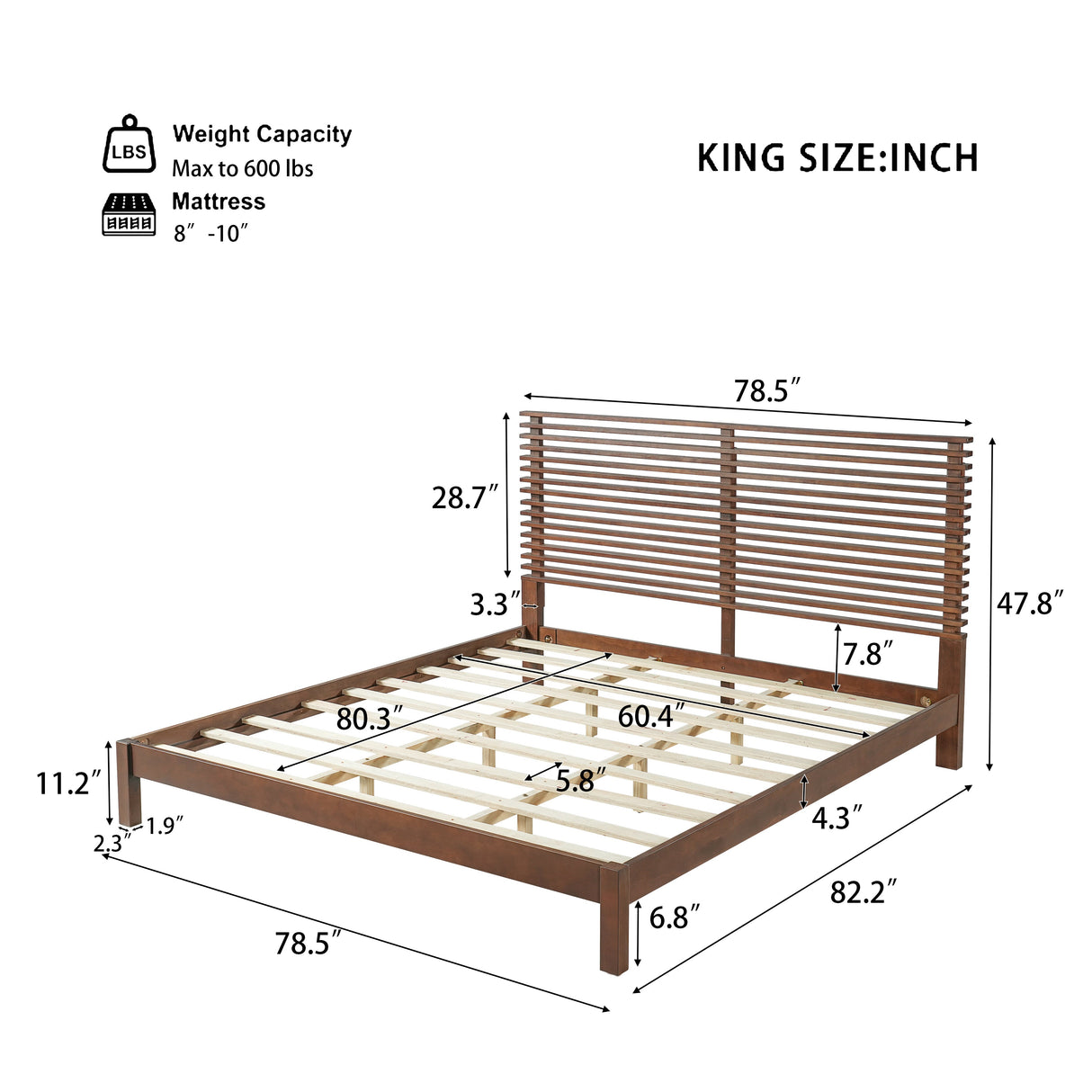 Premium Solid Wood King Size Bed Frame with Headboard - Walnut Color