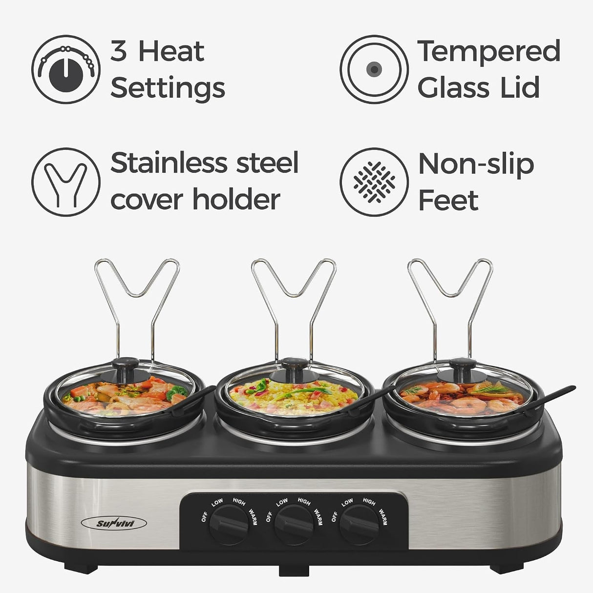 Triple Slow Cooker & Food Warmer, 3×1.5 QT Buffet Style