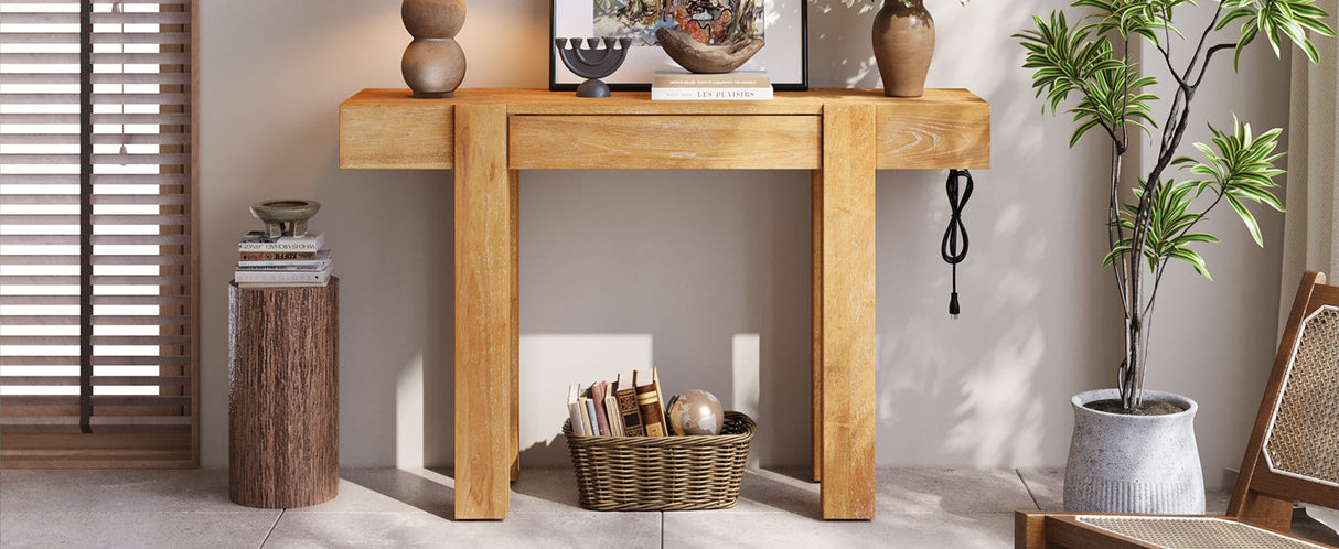 TREXM Rustic Minimalist Console Table with Hidden Drawer