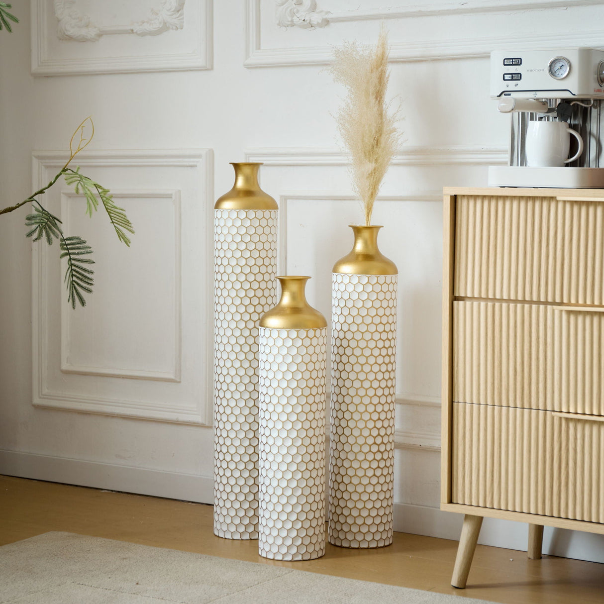 3 Piece Set Gorgeous Home Decoration Large Glazed Floor Vase Decoration Home Droplet Shaped - Gold / White