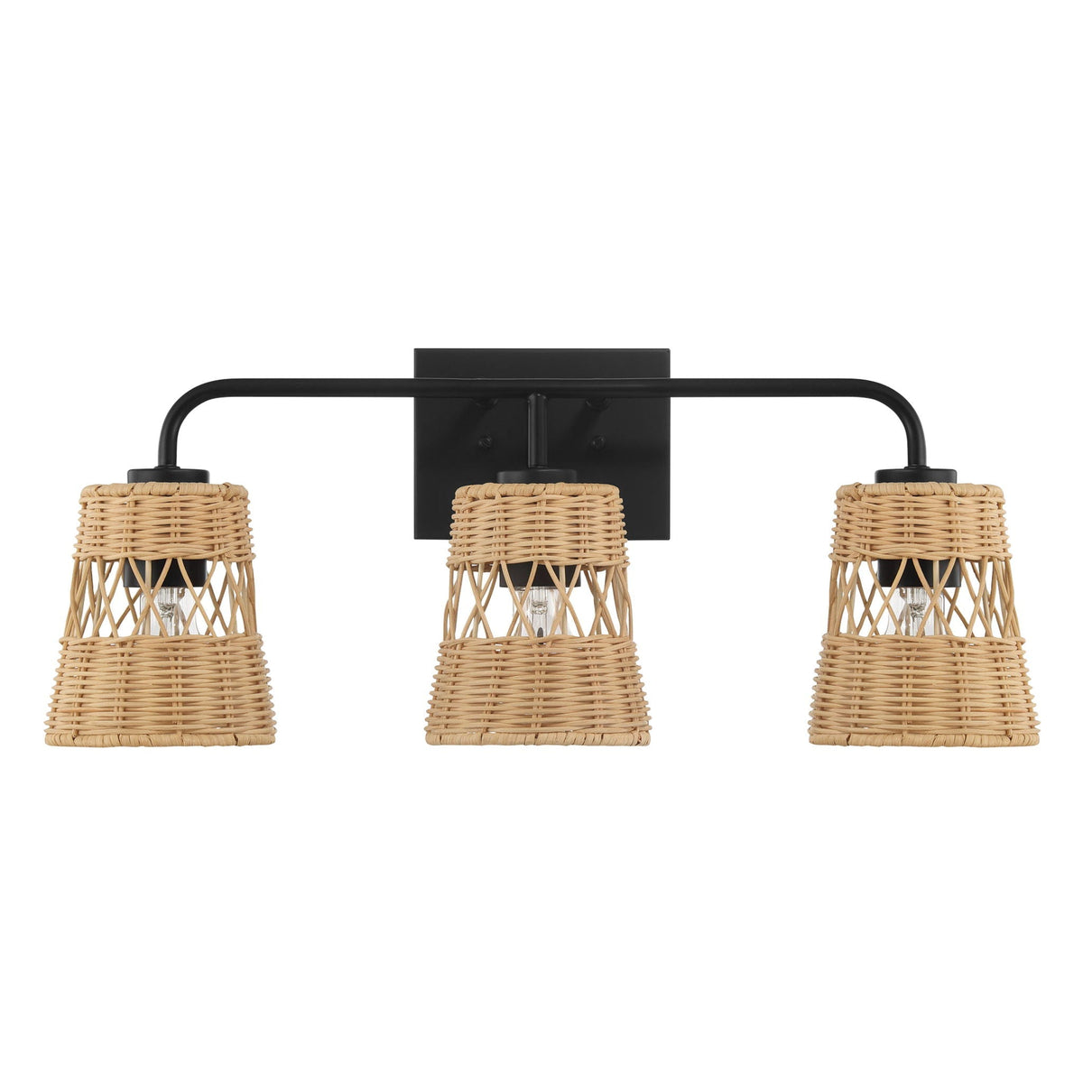 Moonlit - 3 Lights Wall Sconce With Shade, Bathroom Lighting Fixtures Over Mirror - Black / Rattan