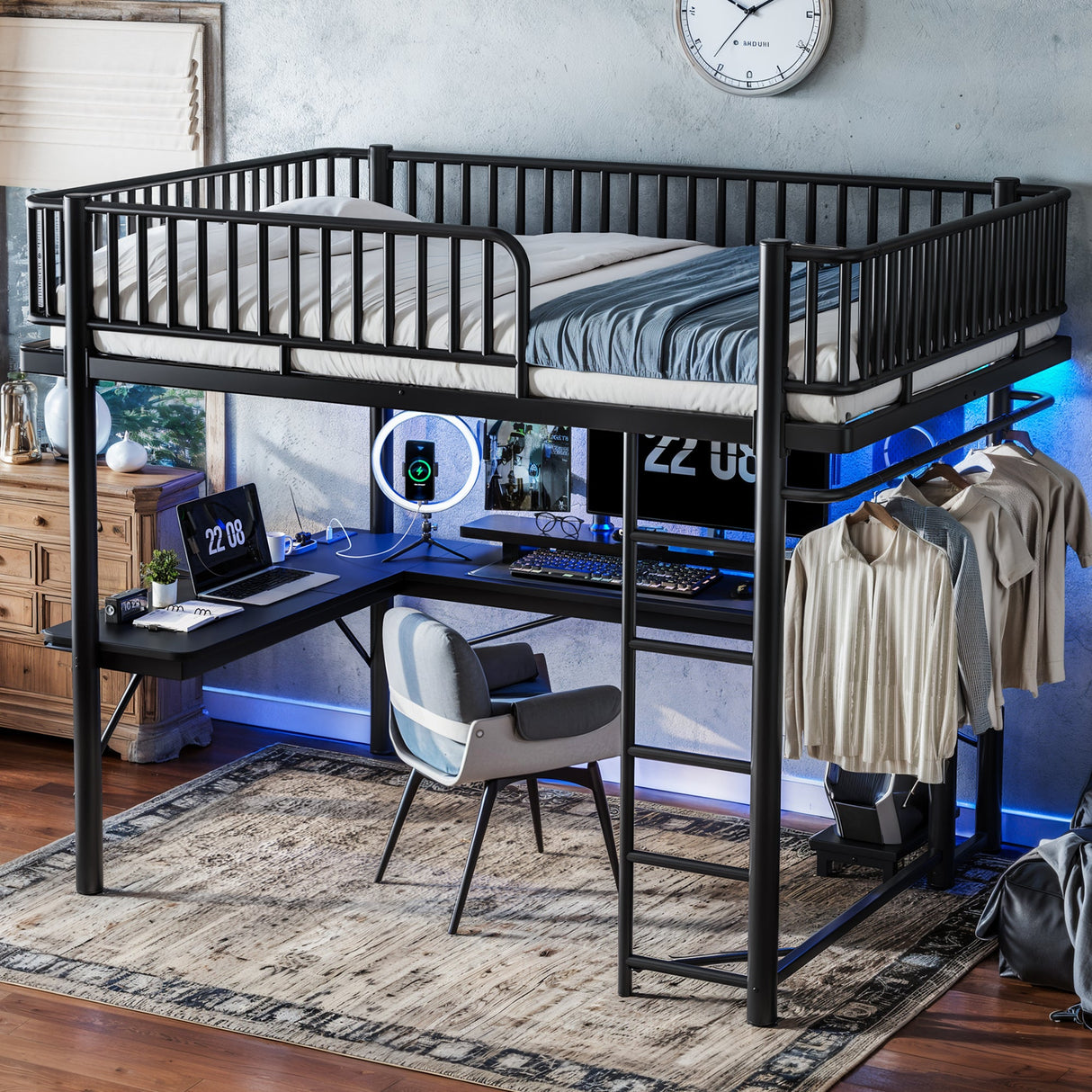 Queen Loft Bed with L-Shaped Desk