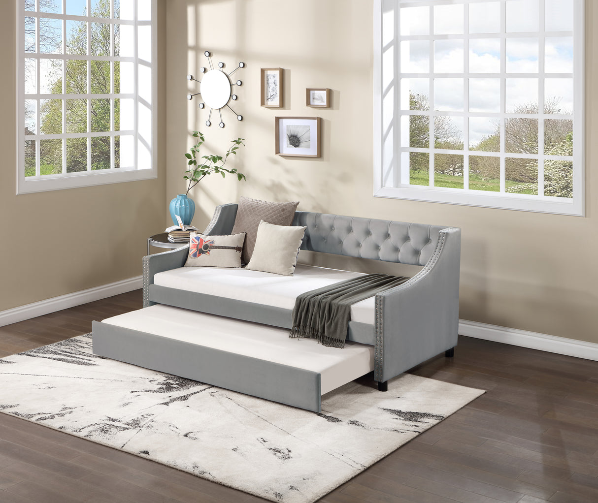 Daybed-with-Trundle-Upholstered-Tufted-Sofa-Bed,-Full-Size,-Grey.-Daybeds