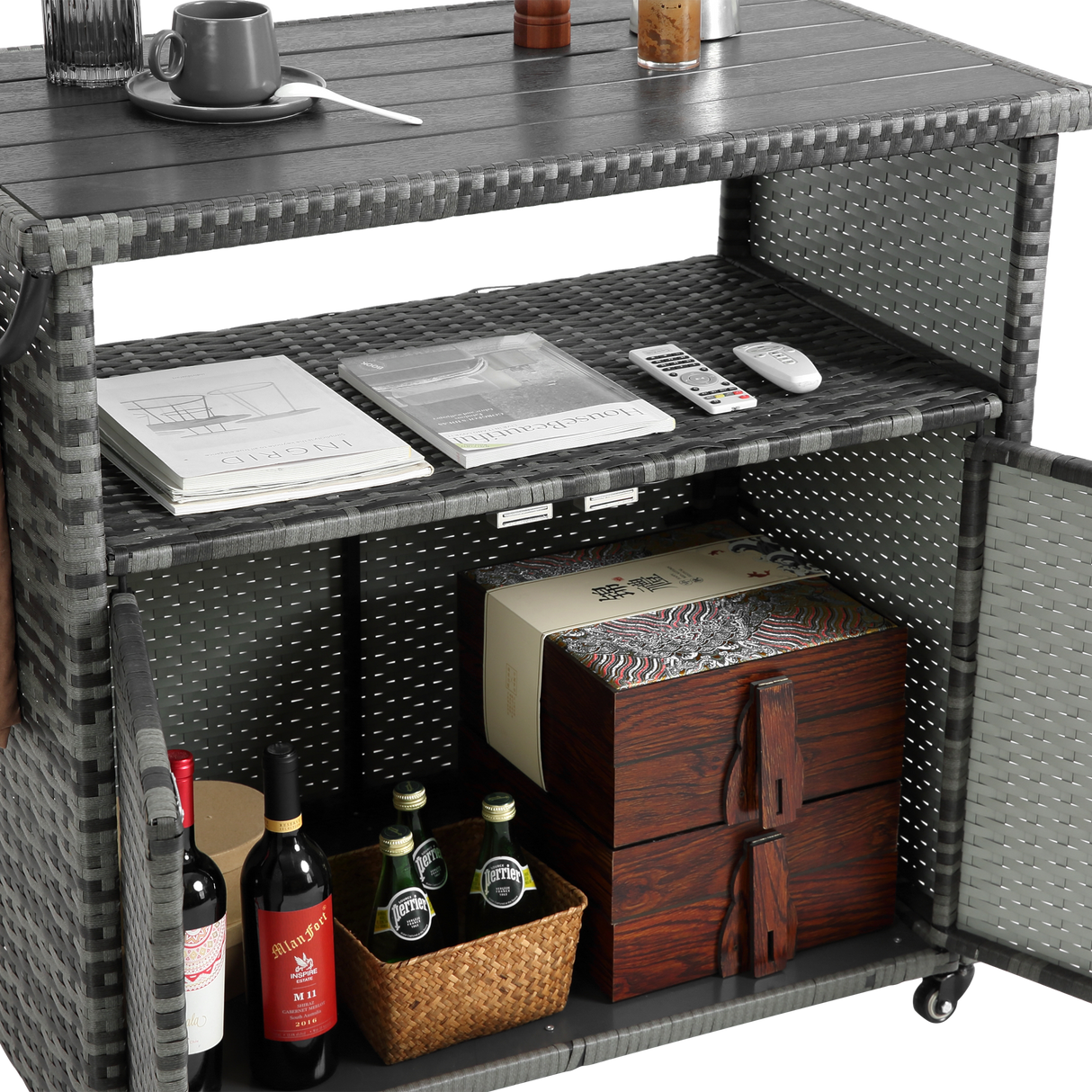 Outdoor Wicker Bar CartPatio Wine Serving Cart w/Wheels Rolling Rattan Beverage Bar Counter Table w/Glass Top for Porch Backyard Garden Poolside PartyLight brown