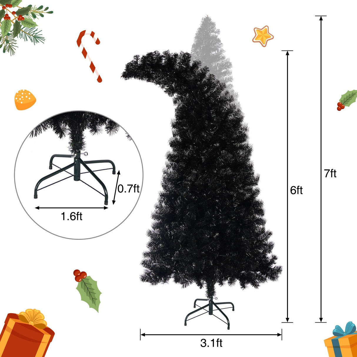 6Ft Curved Hat-Look Black Holiday Tree with Orange & Purple Lights