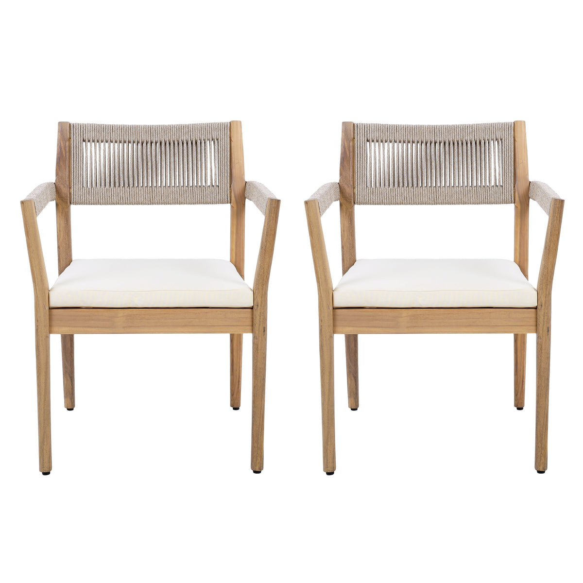 Braided Acacia Wood Outdoor Dining Chairs Set of 2 β Teak Look with Beige Rope & Cream Cushions