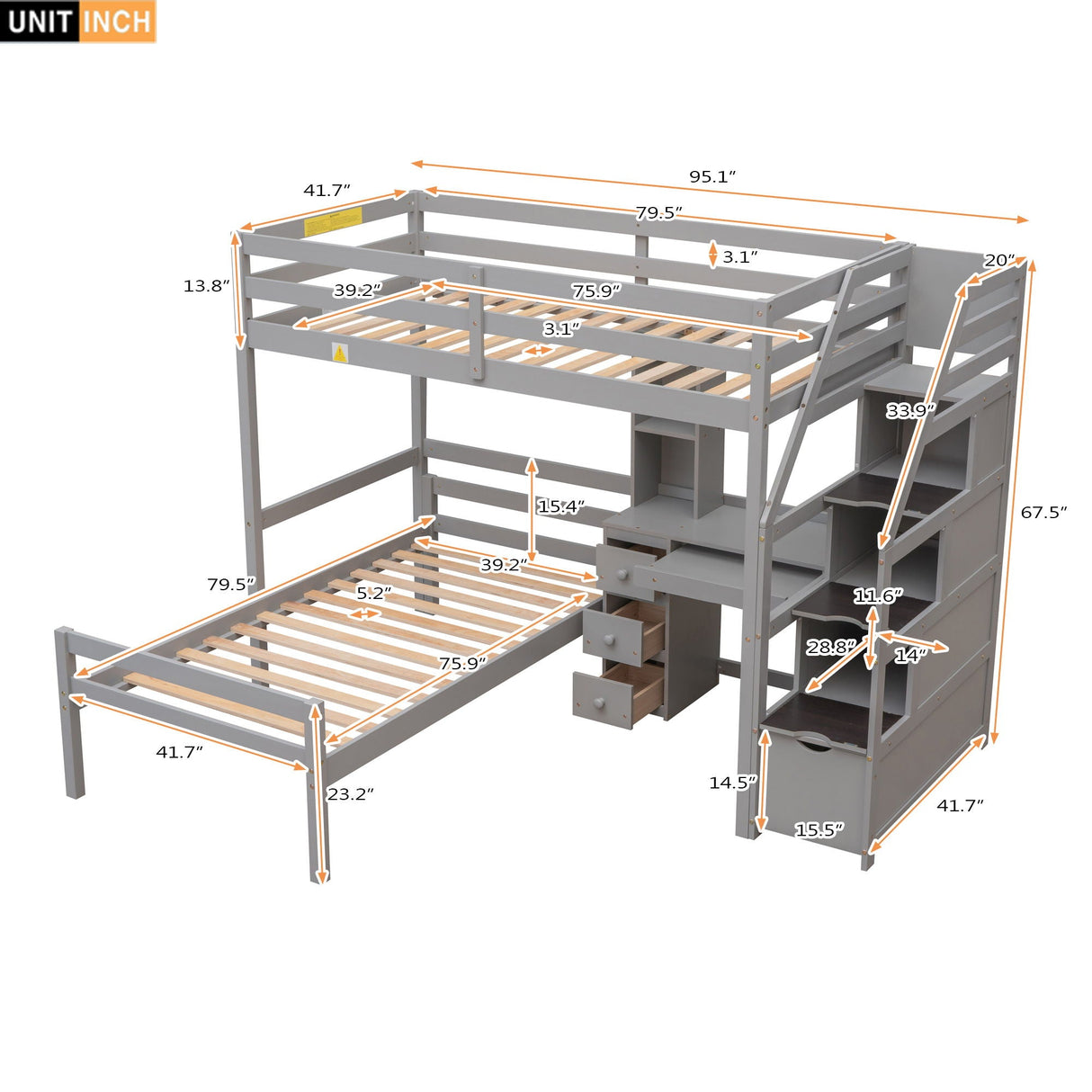 Loft Bed With Stand Alone Bed, Storage Staircase, Desk, Shelves, And Drawers