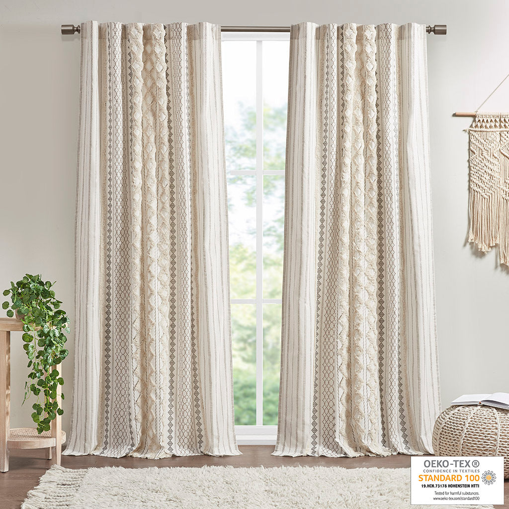Cotton Printed Curtain Panel with Chenille Stripe and Lining Ivory 50x95'