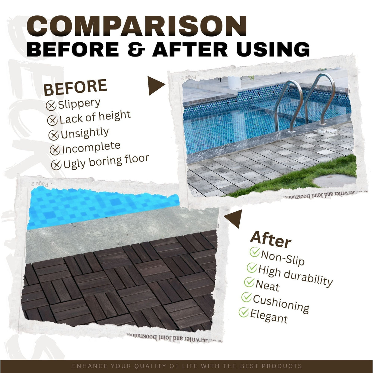 Acacia Wood Interlocking Deck Tiles Checker Pattern For Outdoor Flooring