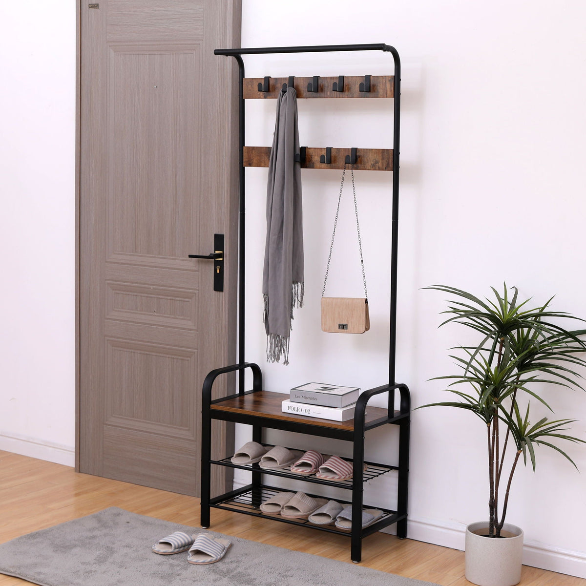 Hall Tree With Shoe Bench For Entryway With 9 Removable Hooks
