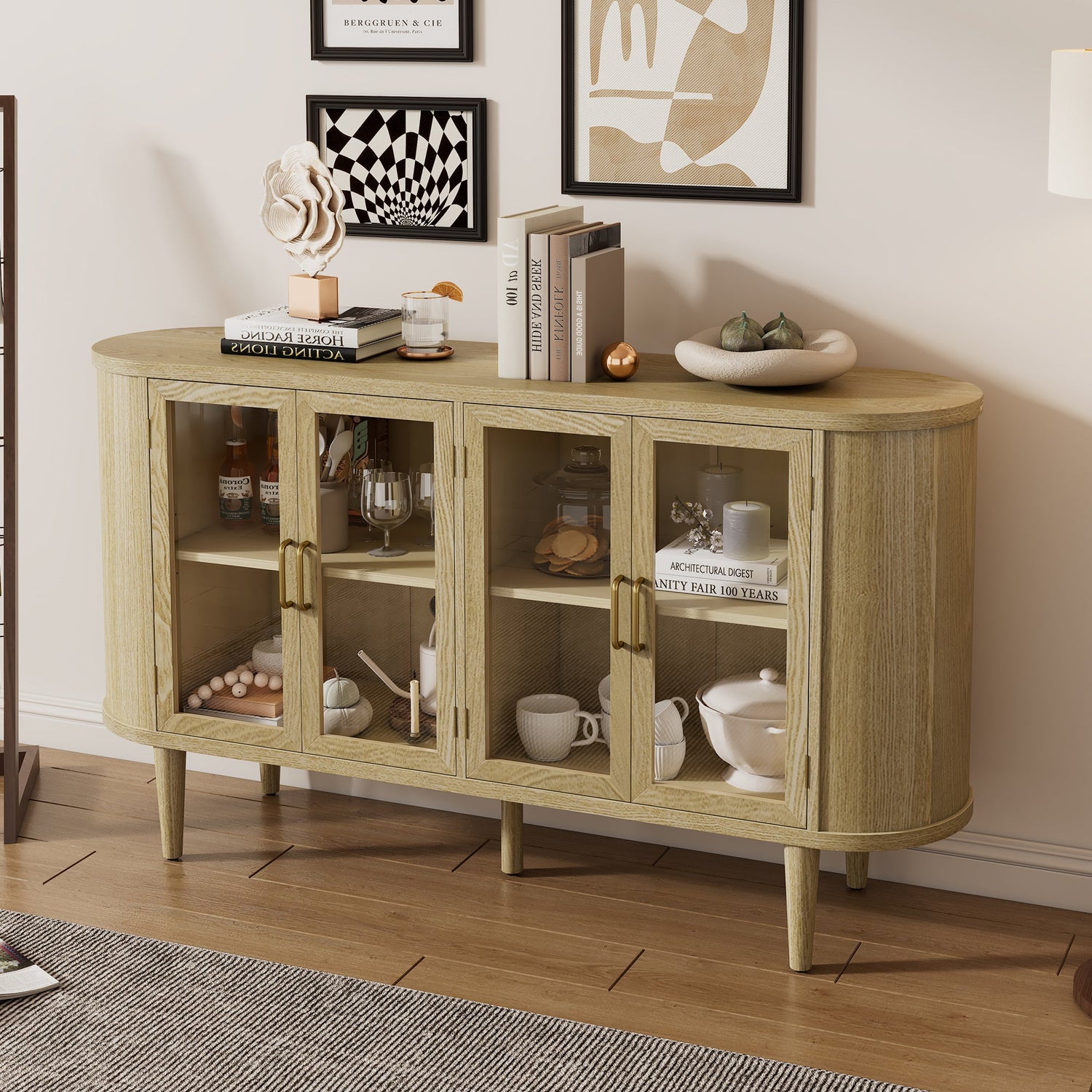 Wood Buffet Cabinet with Glass Doors and Adjustable Shelves