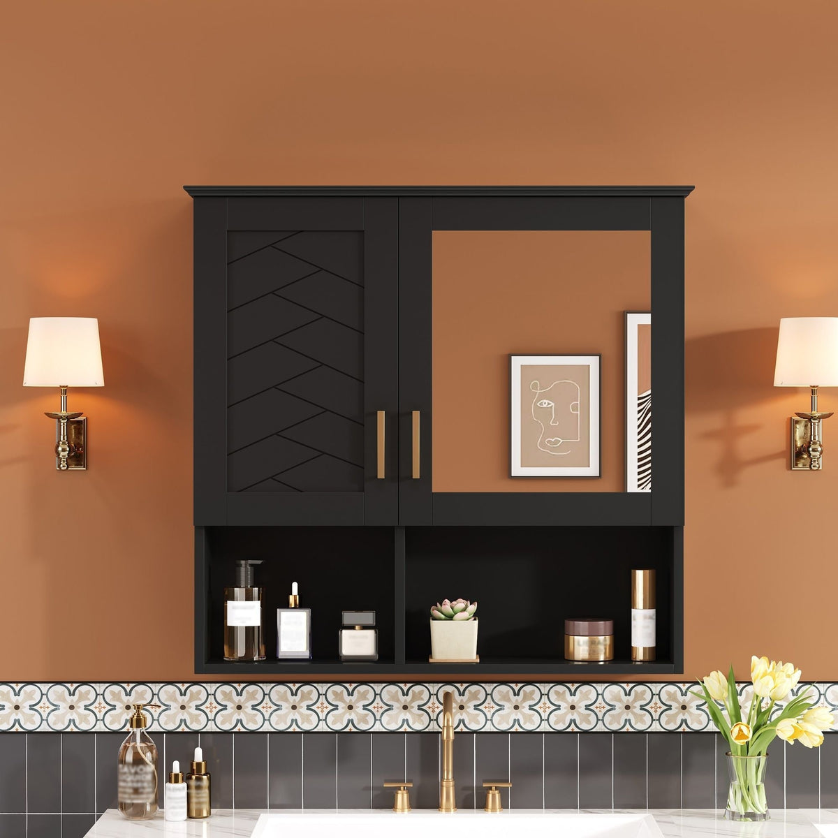 2 In 1 Wall-Mounted Mirror Cabinet with Adjustable Shelves - White, Blue, Black
