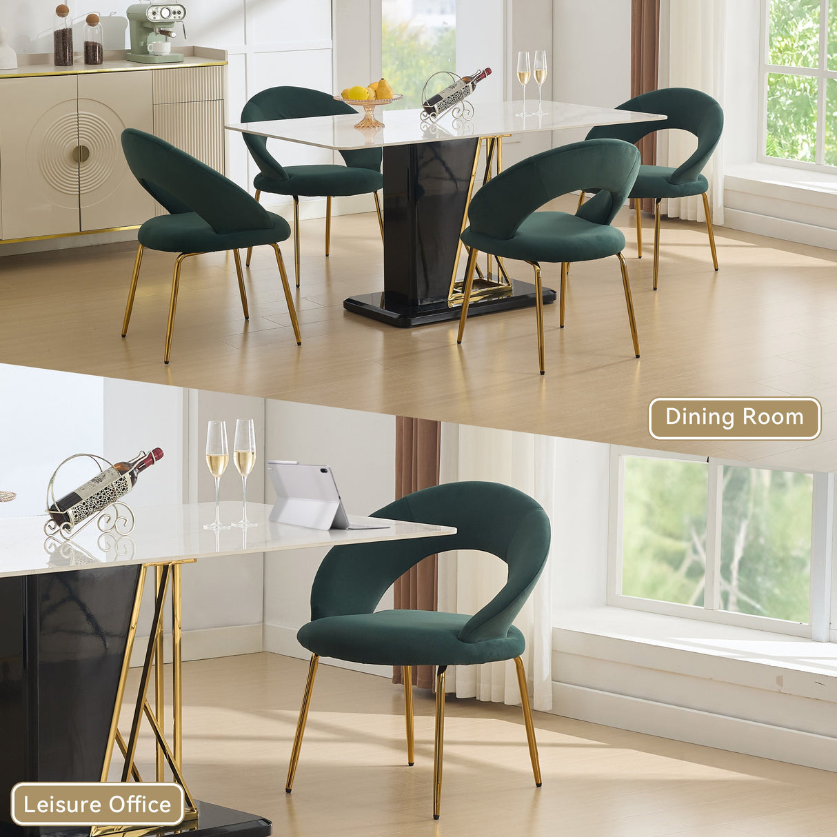 Set of 1 Velvet Fabric Dining Chair with Curved Backrest and Golden Metal Legs