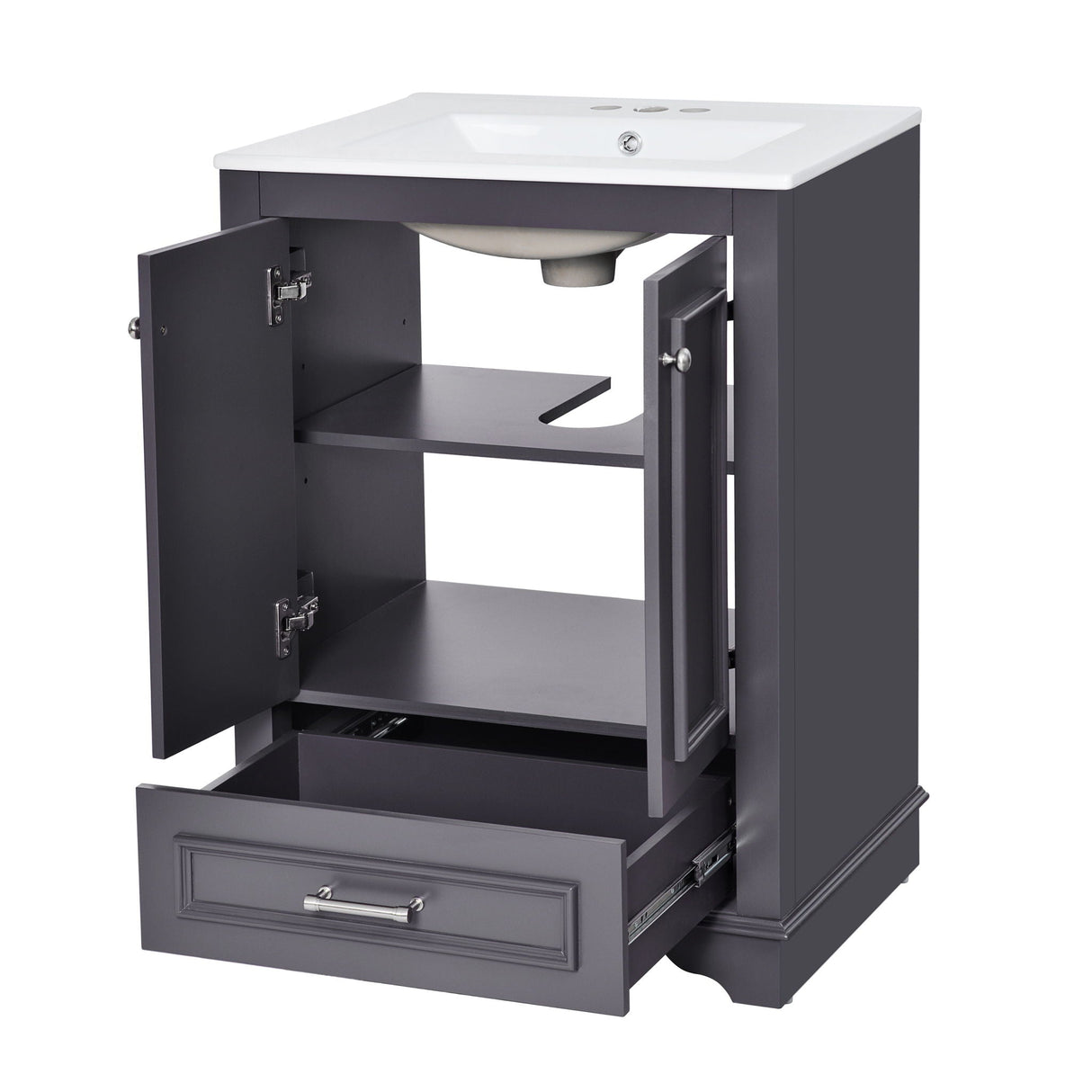 Bathroom Vanity With Ceramic Sink Combo, Modern Freestanding Storage Cabinet With Silver Handles