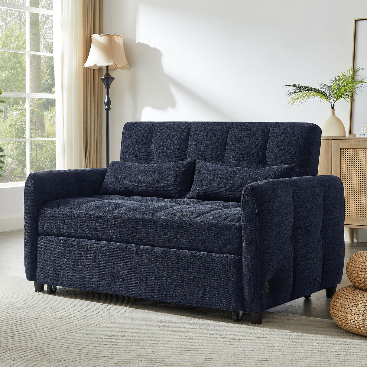 Loveseat Sofa Pull-Out Bed With Adjustable Backrest, 3 USB Ports And 2 Lumbar Pillows For Living Room