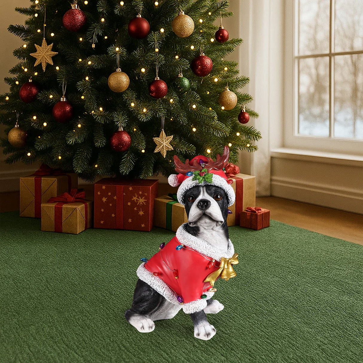 Christmas Boston Terrier Statue, Holiday Dog Figurine in Santa Outfit
