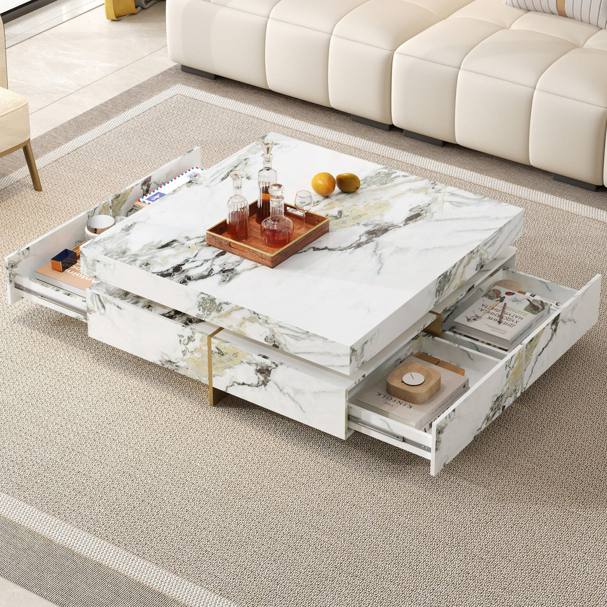 Modern Square Marble Textured Coffee Table with 4 Drawers