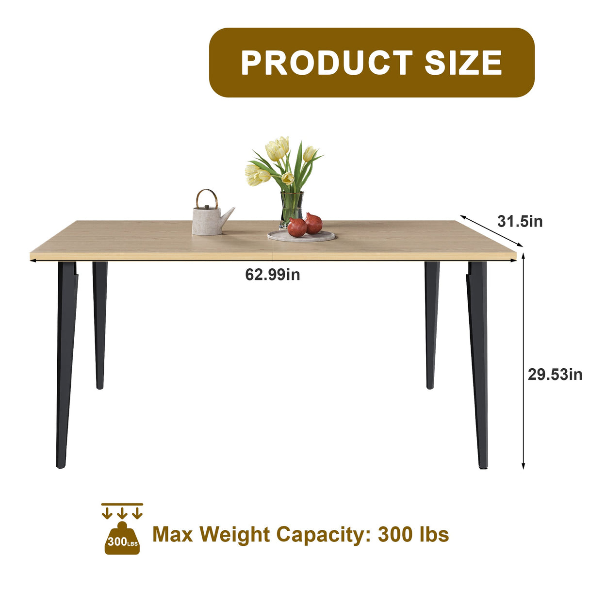63-inch Modern Dining Table with Wooden Tabletop and Rust-Resistant Iron Legs