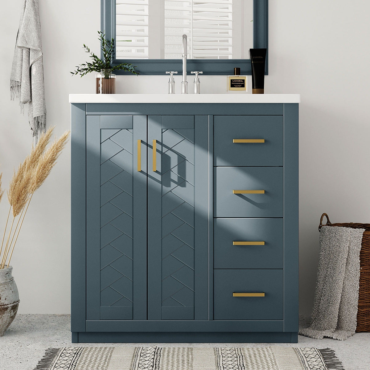 Bathroom Vanity with Ceramic Sink and Storage Cabinet - Dark Green, White, Black, or Blue