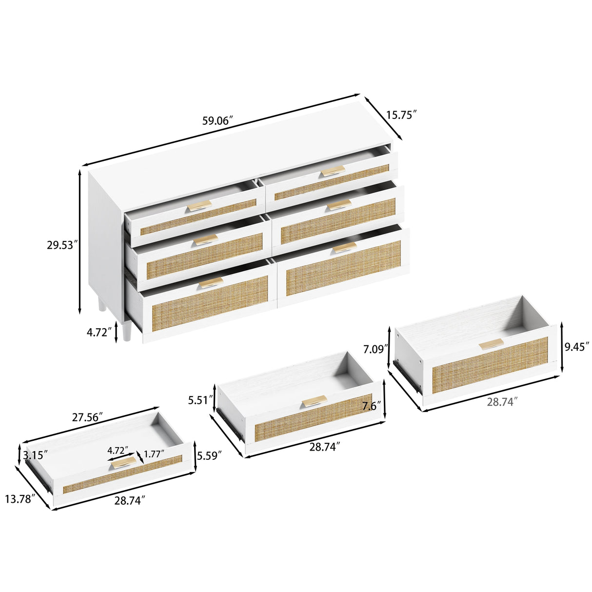 White Rattan Dresser with 6 Drawers, Metal Handles & Wood Legs