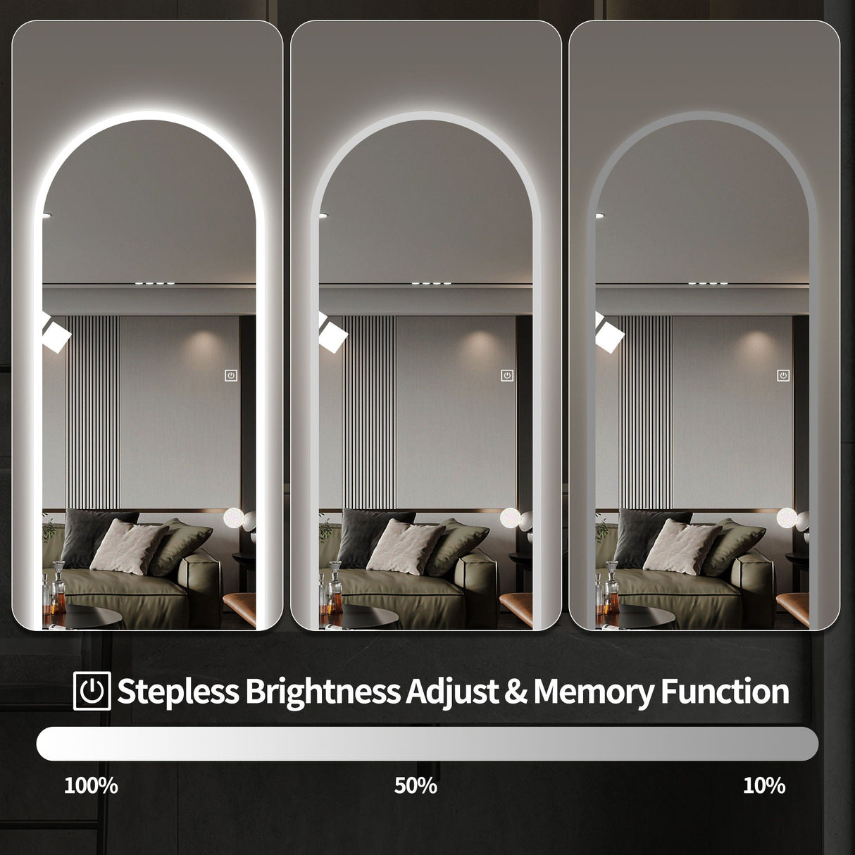 LED Full Length Wall Mirror With Symmetrical Arch Design, Dimmable 3 Color Temperature Lighting - Silver