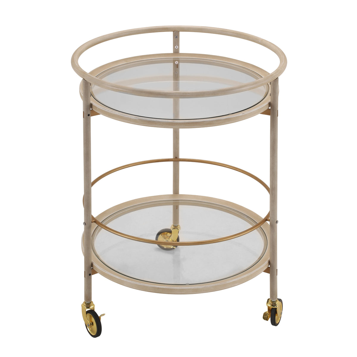 Round Bar Cart with Tempered Glass Shelves and Gold Accents