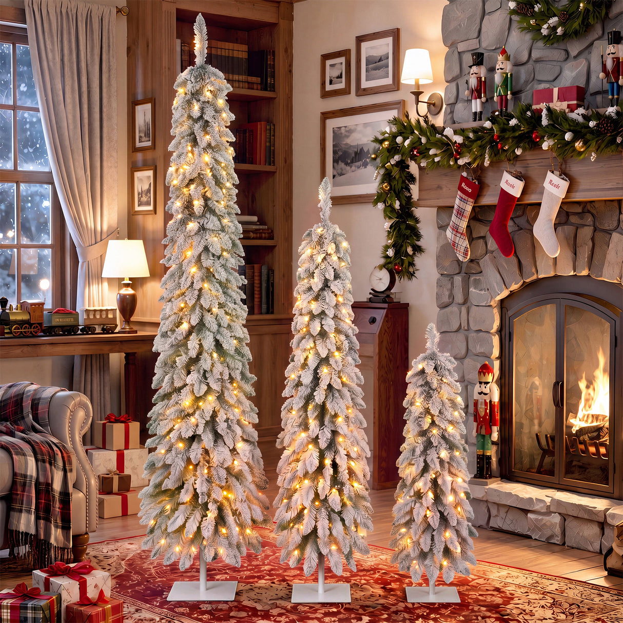 Snow Flocked Pre-Lit Pencil Christmas Tree