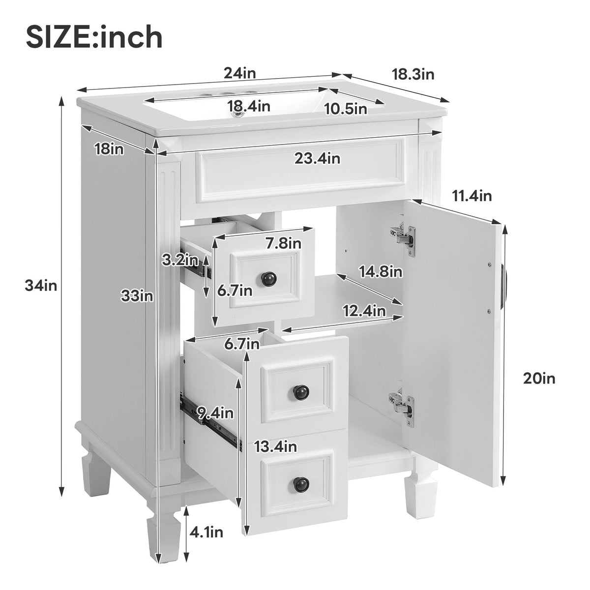 Bathroom Vanity With Sink, Compact Cabinet & 2 Drawers And Adjustable Shelf