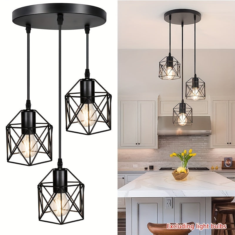 Industrial Farmhouse Pendant Light – Adjustable Metal Cage Fixture for Kitchen