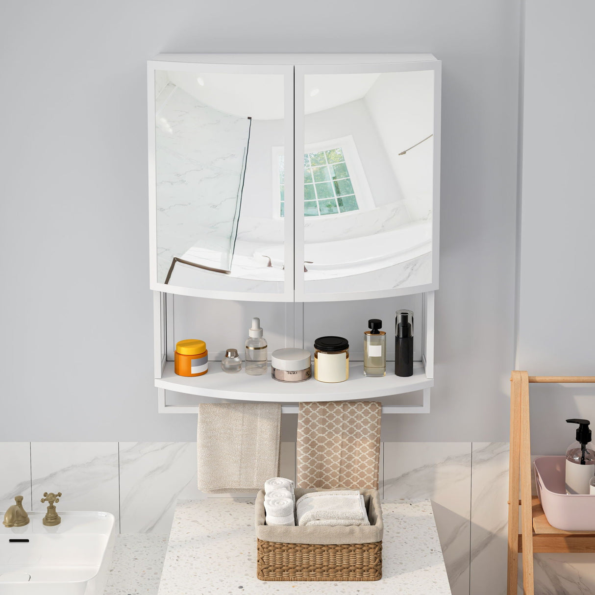 Arched Glass Double Door Wardrobe With Shatterproof Mirror, Open Shelf & Towel Rack