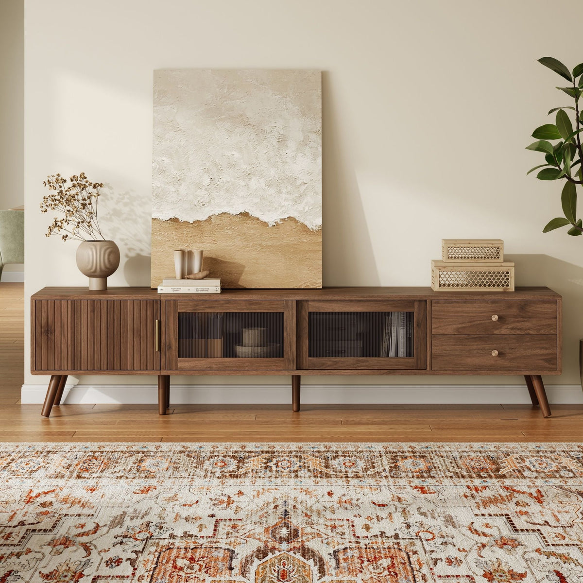 Doors TV Stand For TVs Up To 85", Entertainment Center With Storage Cabinets, TV Media Console Table For Living Room - Natural