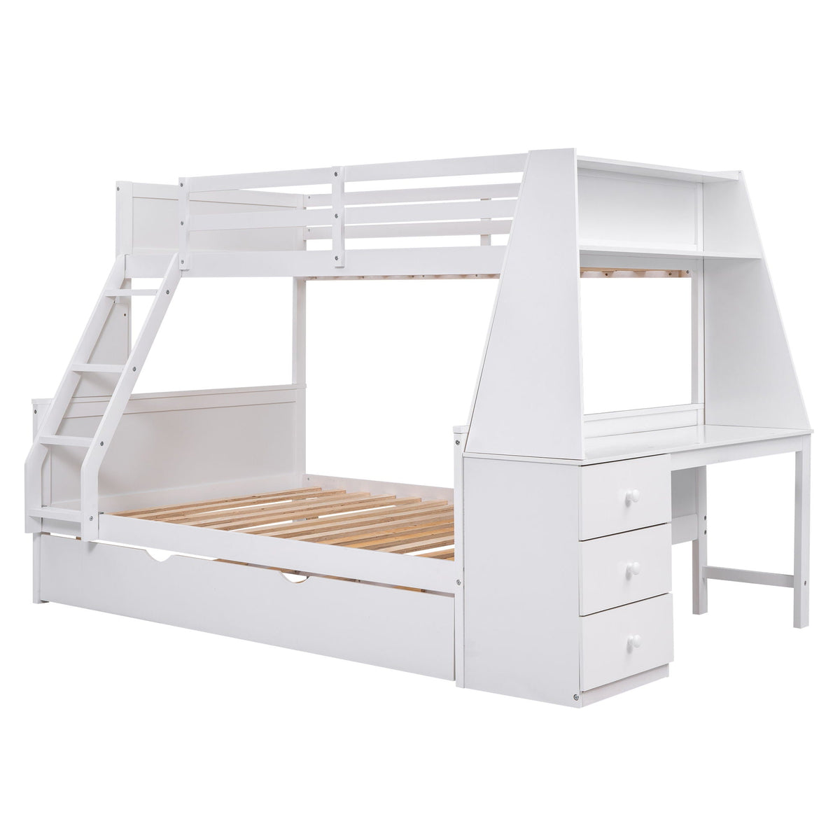 Bunk Bed With Trundle And Built In Desk, 3 Storage Drawers And Shelf