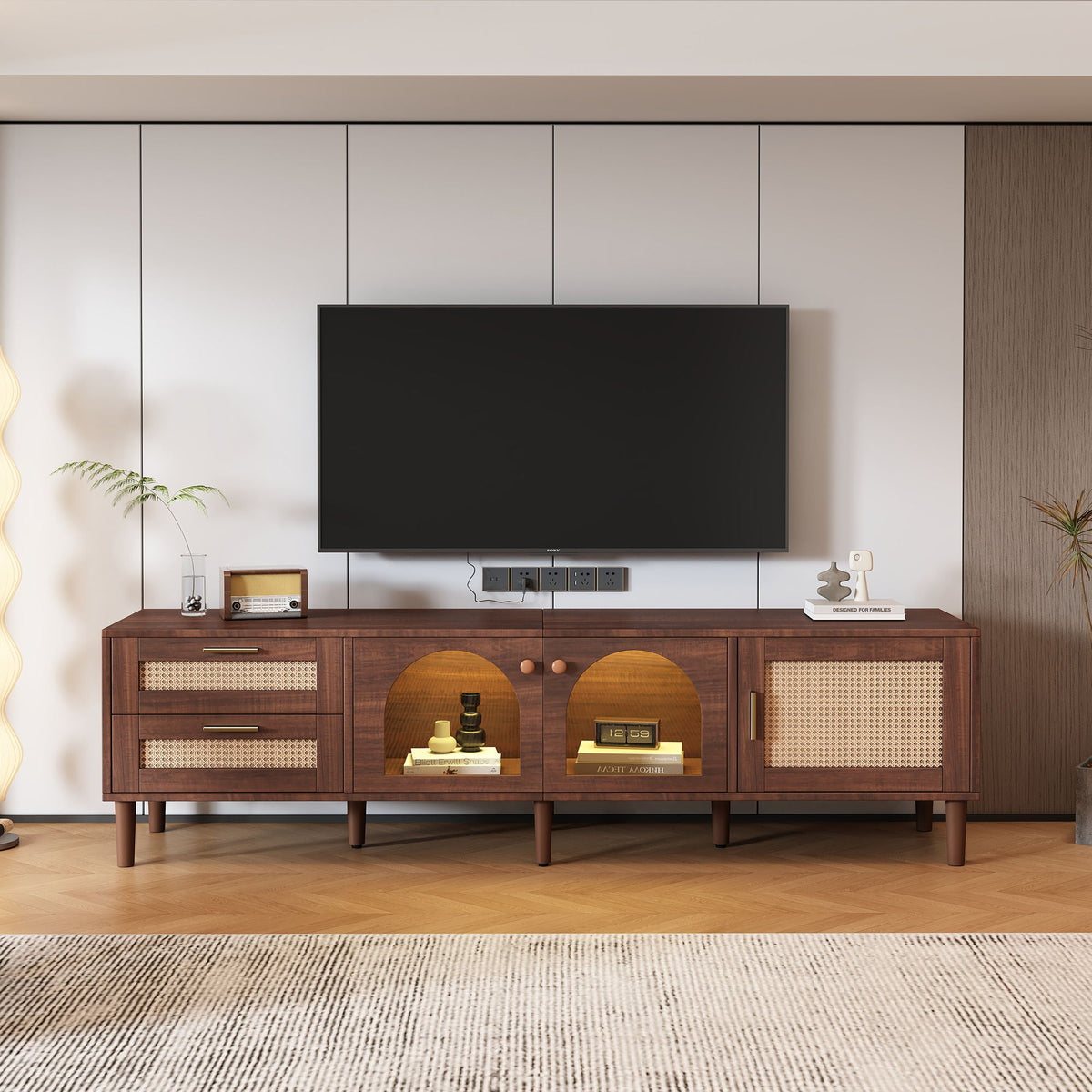 TV Stand With 3 Cabinets & 2 Drawers, LED Light Media Console For TVs Up To 80" - Dark Brown