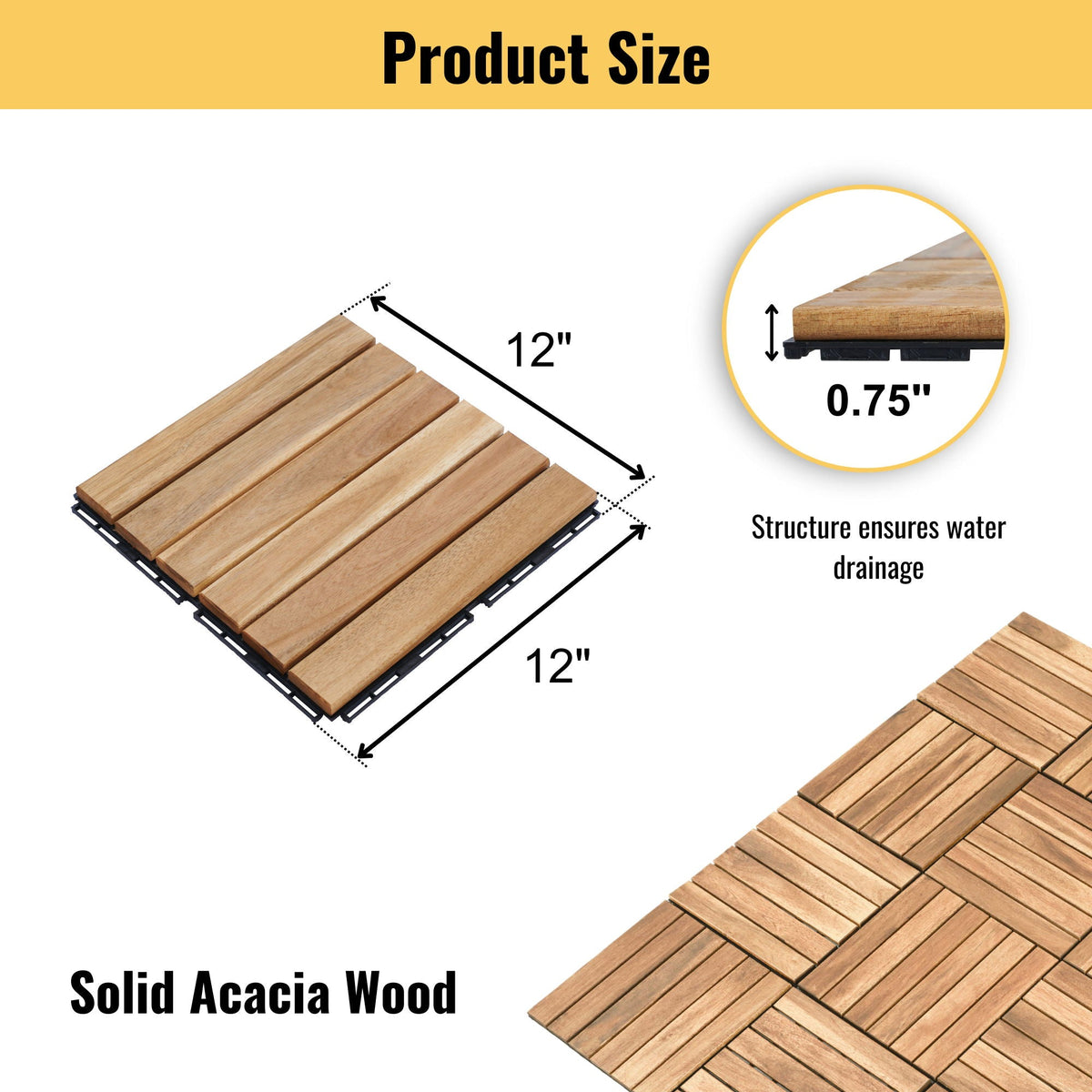 Interlocking Deck Tiles Striped Pattern Waterproof Brown